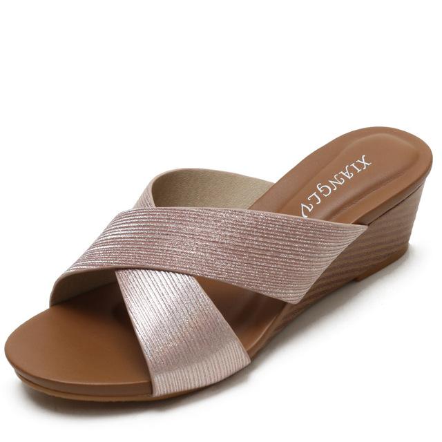 Plus Size 36 -44 45 Women Wedges Sandals Slippers Med Heel X Cross Strap Female Big Size Modern Slides Summer Shoes  New