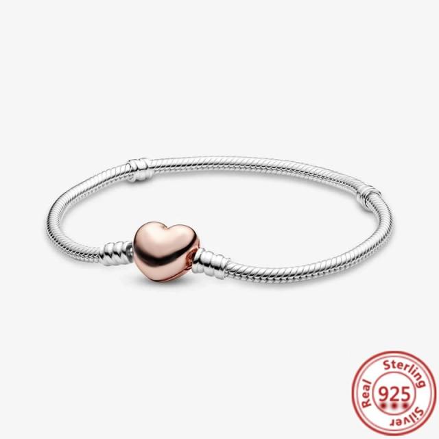 Authentic 925 Sterling Silver Flower Heart T-Bar Basic Snake Chain Bracelets Fit Original Brand Charms Beads DIY Jewelry Women