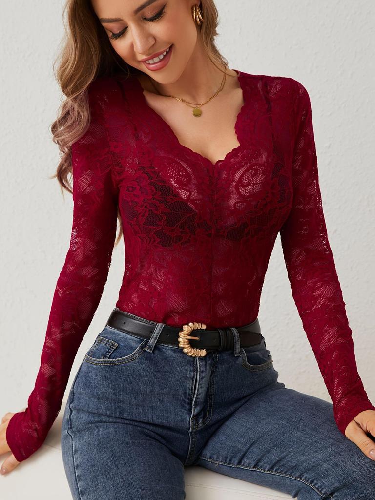 2024 Autumn/Winter Floral Lace Fan-Shaped Blouse for Women