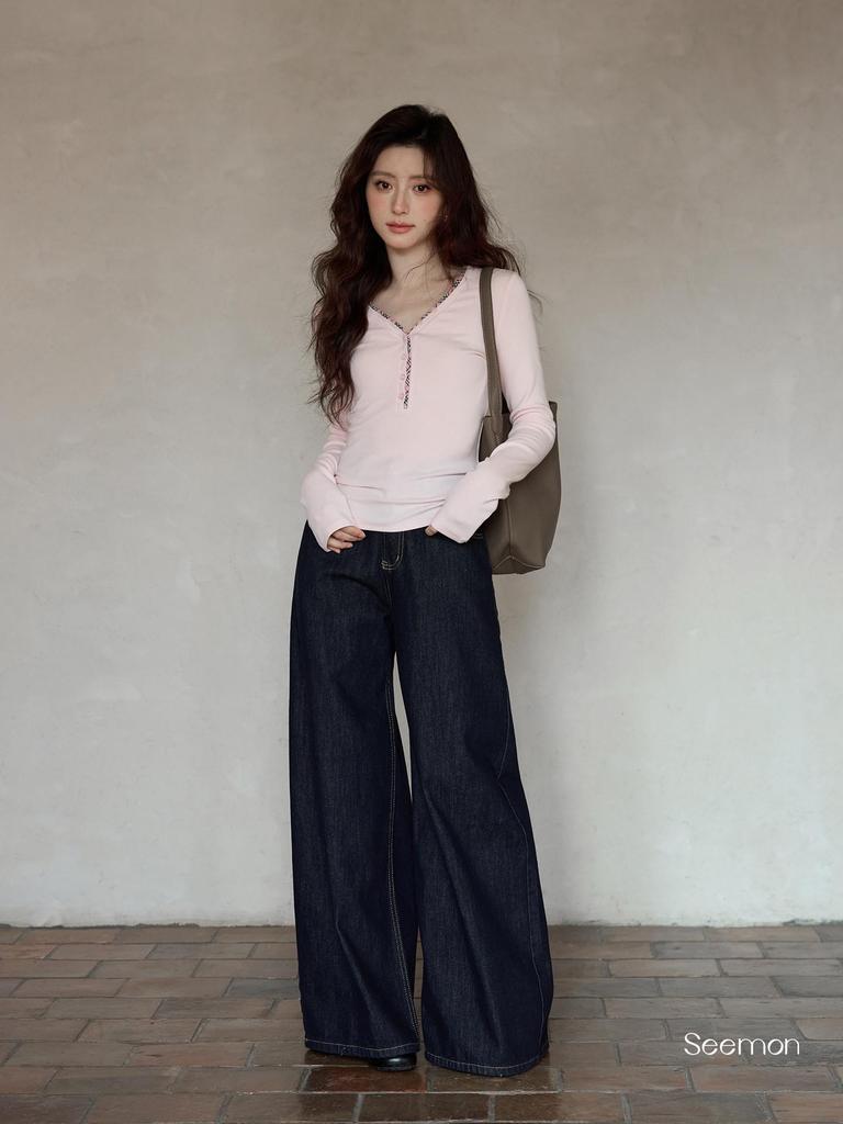 Yimeng 2026 Korean High Waist Wide Leg Retro Jeans in Dark Blue