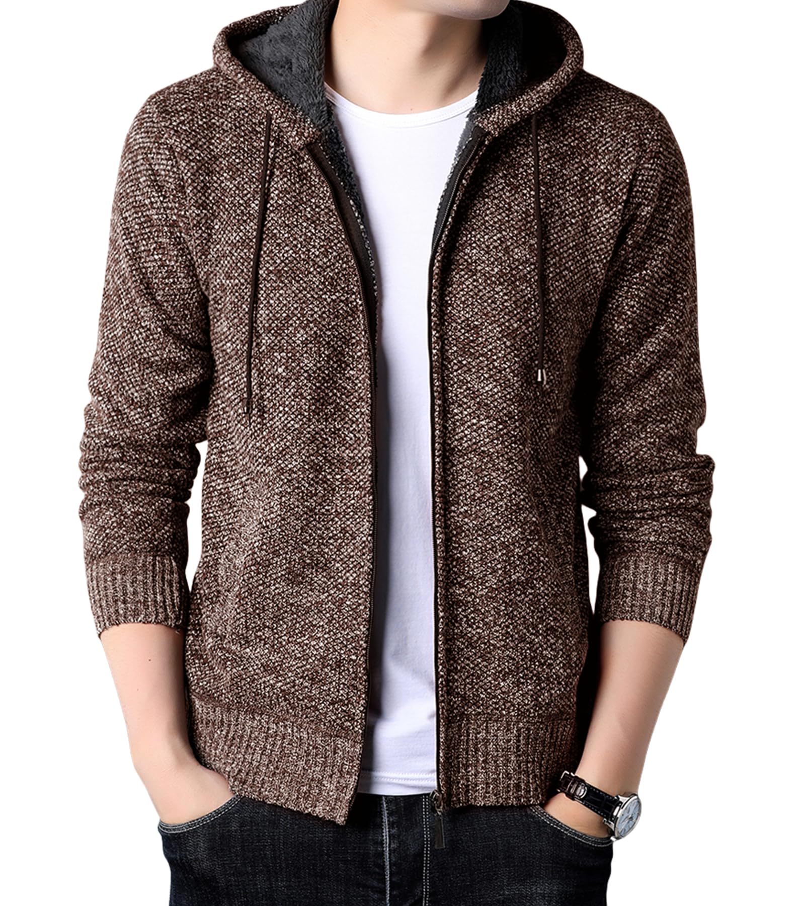 

SIPERLARI Knit Long Hoodie with Size Men s Fleece-Lined Hoodie, Sleeve, Warm, Boa-Lined, Zip-Up Pockets, Popular, Casual, Camping, Gift, Fall/Winter