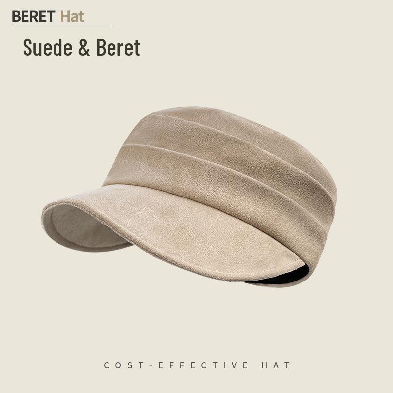 Women's Ruched Suede Flat Top Equestrian Hat - Warm Autumn/Winter Newsboy Cap with Face-Slimming Duckbill Design