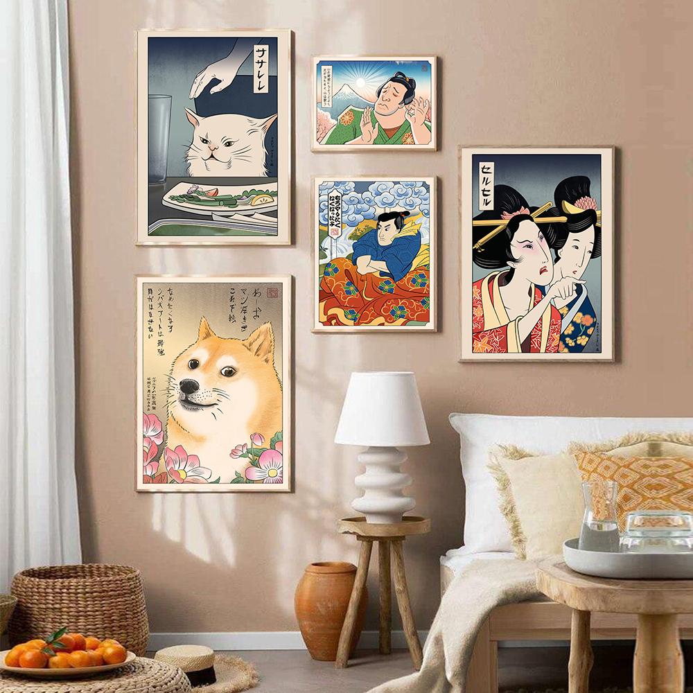 Japoński plakat w stylu Ukiyoe Kobieta krzycząca na kota Malowanie na płótnie Sztuka ścienna w stylu vintage Farmhouse Obraz Wystrój domu Bez ramki