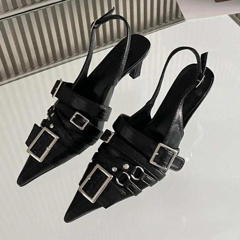 

Дизайнерская металлическая пряжка Острый носок Неглубокие женские туфли Модные туфли-слингбэки Женская обувь Летние брендовые сандалии Женская обувь 39 чёрный