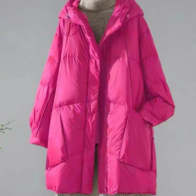 Women's Winter Mid-Length Thickened Oversized Cotton Coat, Solid Color, Loose Fit, Hooded Jacket