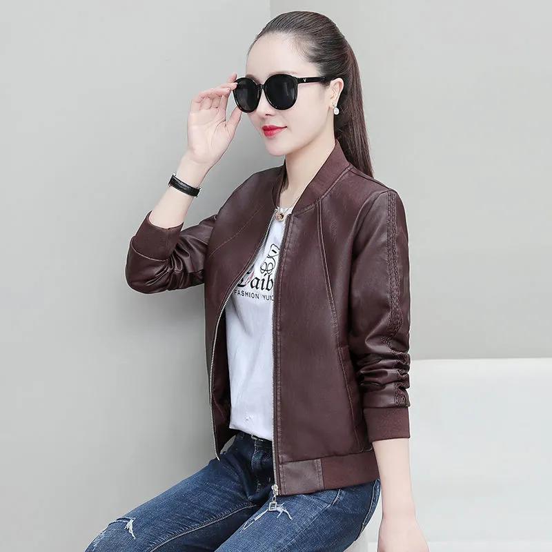 Women's Spring/Fall Loose-Fit Stand Collar Short Jacket Baseball-Style PU Leather Jacket