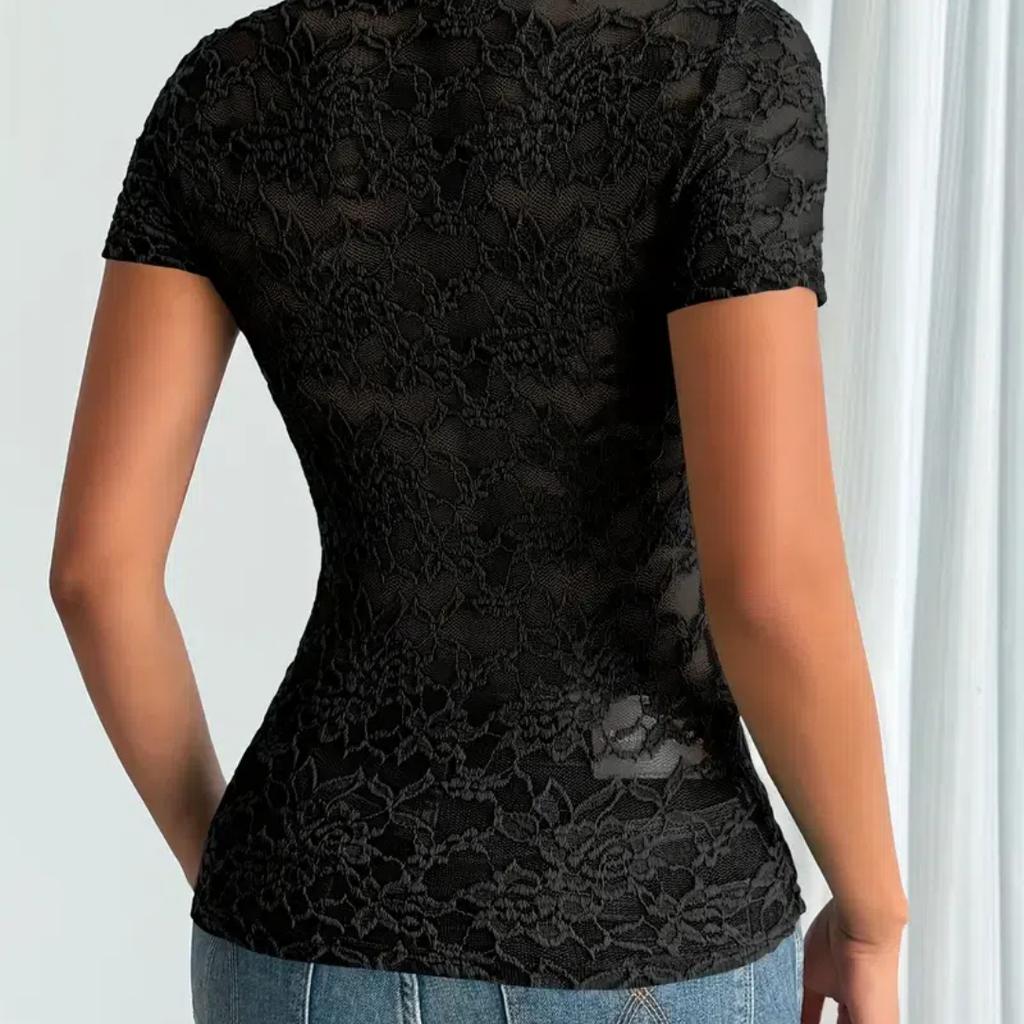 Elegant Women'S Red Lace V-Neck Short Sleeve Top Stretchy Form-Fitting Perfect for Spring & Summer Casual Wear Floral Print Top