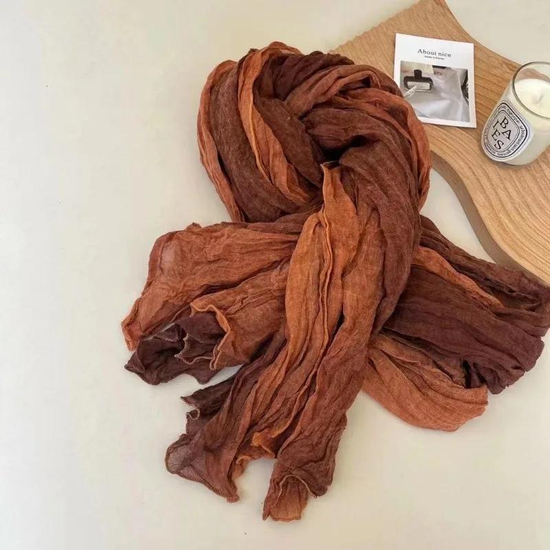 Retro Gradient Color Long Cotton and Linen Scarf Japanese Artistic Fresh Shawl Western-style Versatile Pleated Scarf for Women