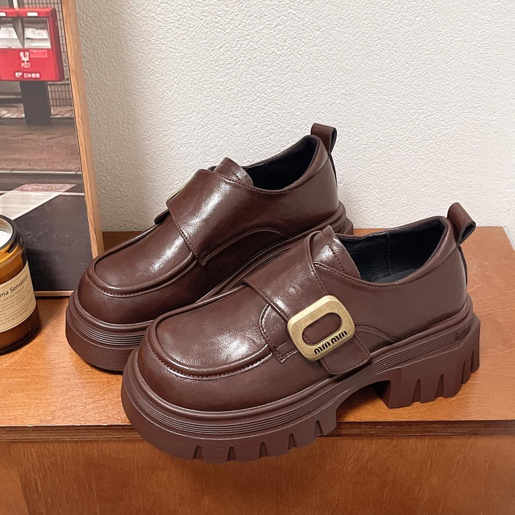 Platform-soled Versatile Loafers Women's 2025, Autumn New Models, Thick Heels, Foreign Style, Small Leather Shoes, Velcro High Heels, Single Shoes