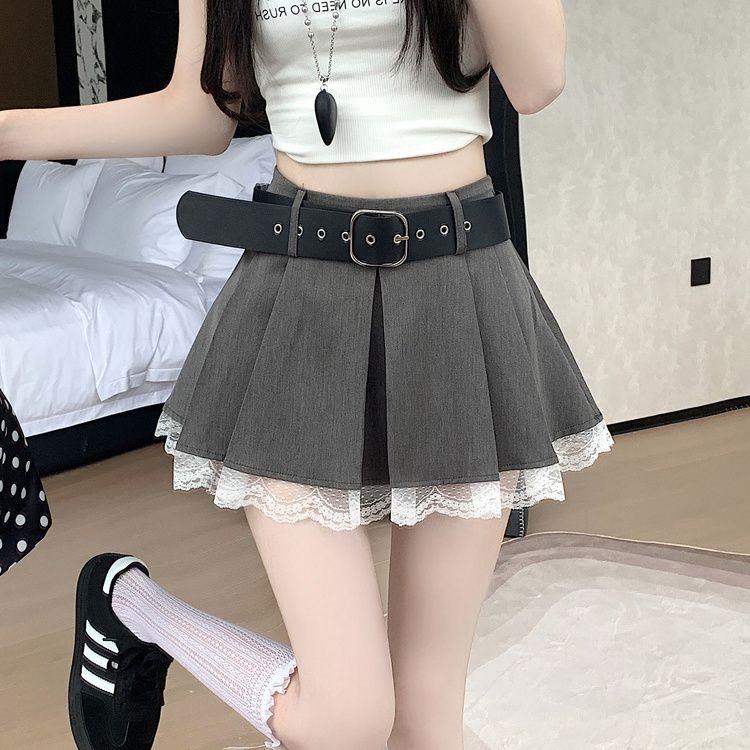 Classic High Waist Pleated Skirt With Lace Patchwork For Summer Fashion
