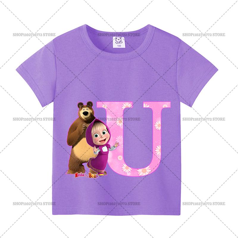 Mashas and The Bear Summer T-shirt Girl Children Tops Cute Cartoon Letters A-Z Print Clothing Short Sleeve Kids Casual Clothes