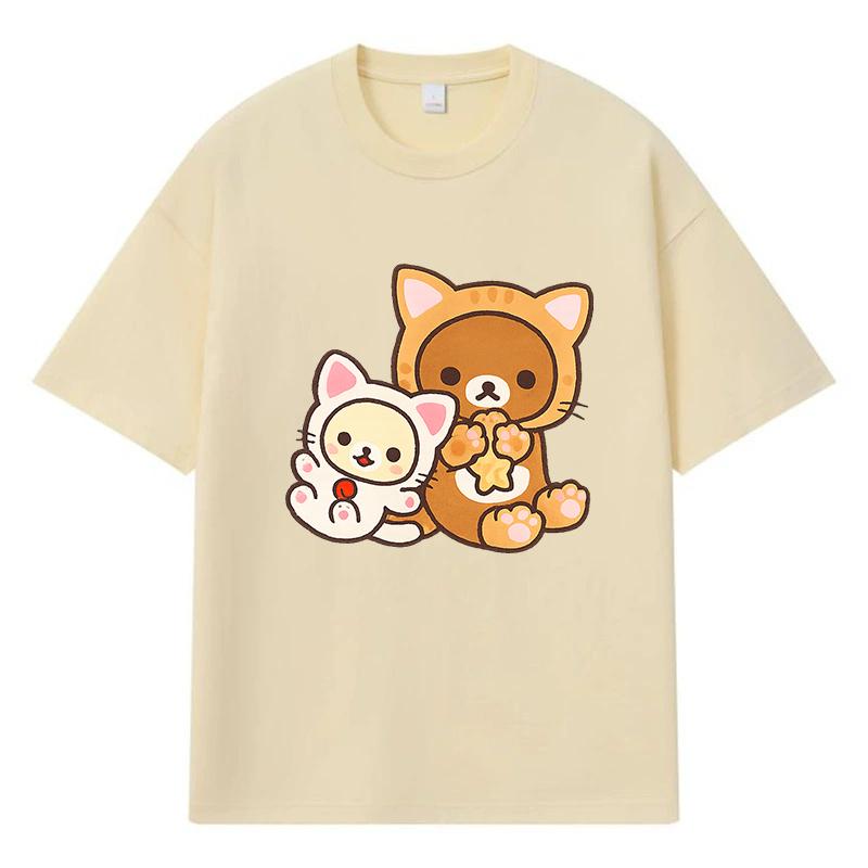 2026 Dwa Urocze Koty Nadruk Graficzny Y2k Harajuku Streetwear 100% Bawełna Koszulka Casualowa Oversize Letnia Męska Koszulka