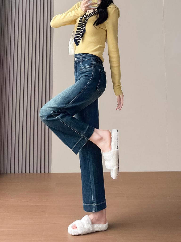 Korean Retro High-Waist Slimming Elastic Jeans for Women - Cropped, Loose, Petite Straight Leg 