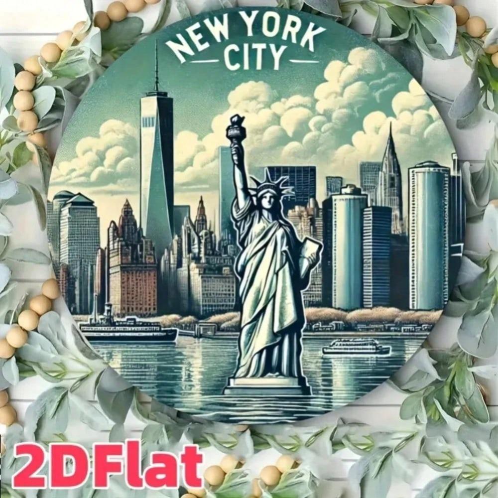 New York City Skyline Round Aluminum Tin Sign Wall Art Vintage Metal Decor