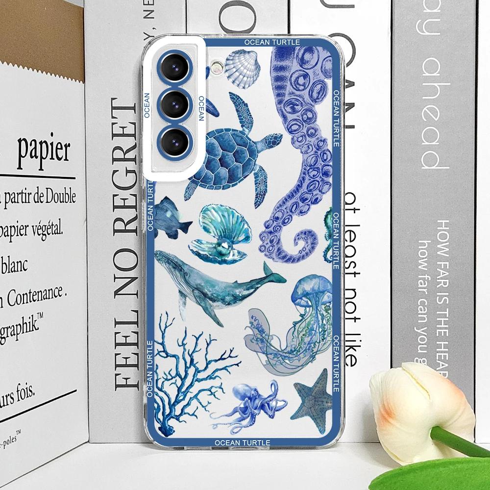 Cool Ocean Turtle Phone Case for Samsung Galaxy S22 S23 S24 S25 Ultra S20 Plus S21 FE Sea Blue Turtle Design Clear Covers Fundas