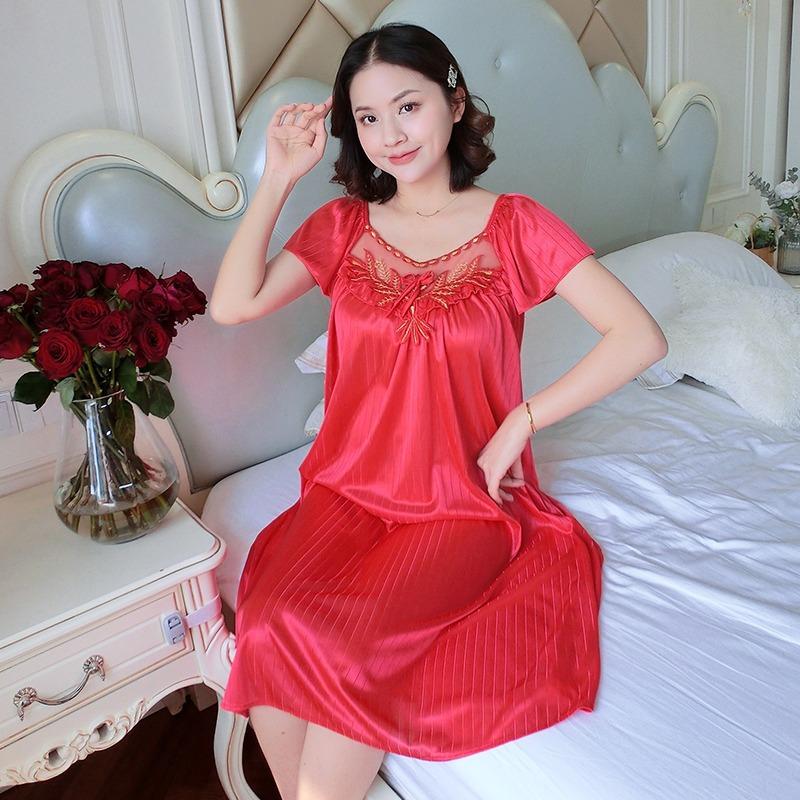

Ladies Ice Silk Nightgowns Sleeping Dress Medium Length Short Sleeve Nightdress Sexy Sleepwear Home Wear Loungewear Pyjama Femme XXXXL червоний