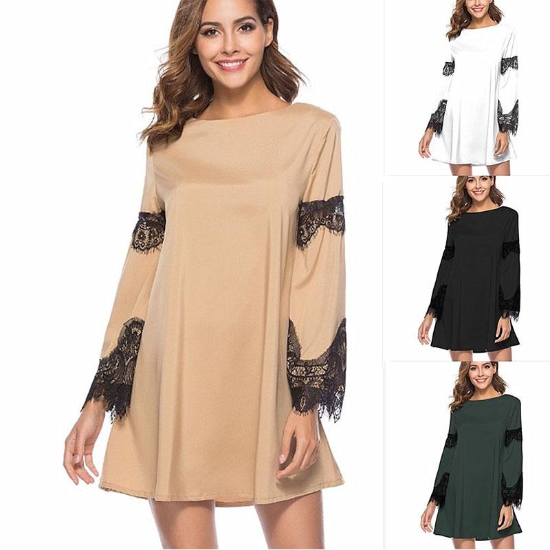 Elegant Solid Color Lace Stitching Dress For Women Perfect For Casual Outings