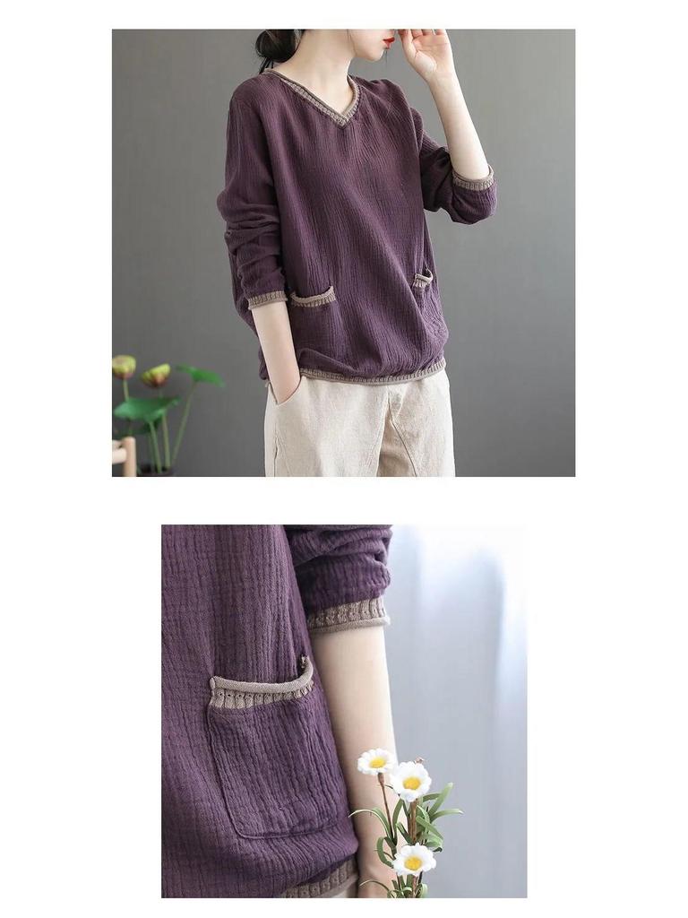 Plus Size Retro V-Neck Cotton Linen T-Shirt for Spring/Autumn - Long Sleeve, Loose Fit, Versatile Pullover for Women