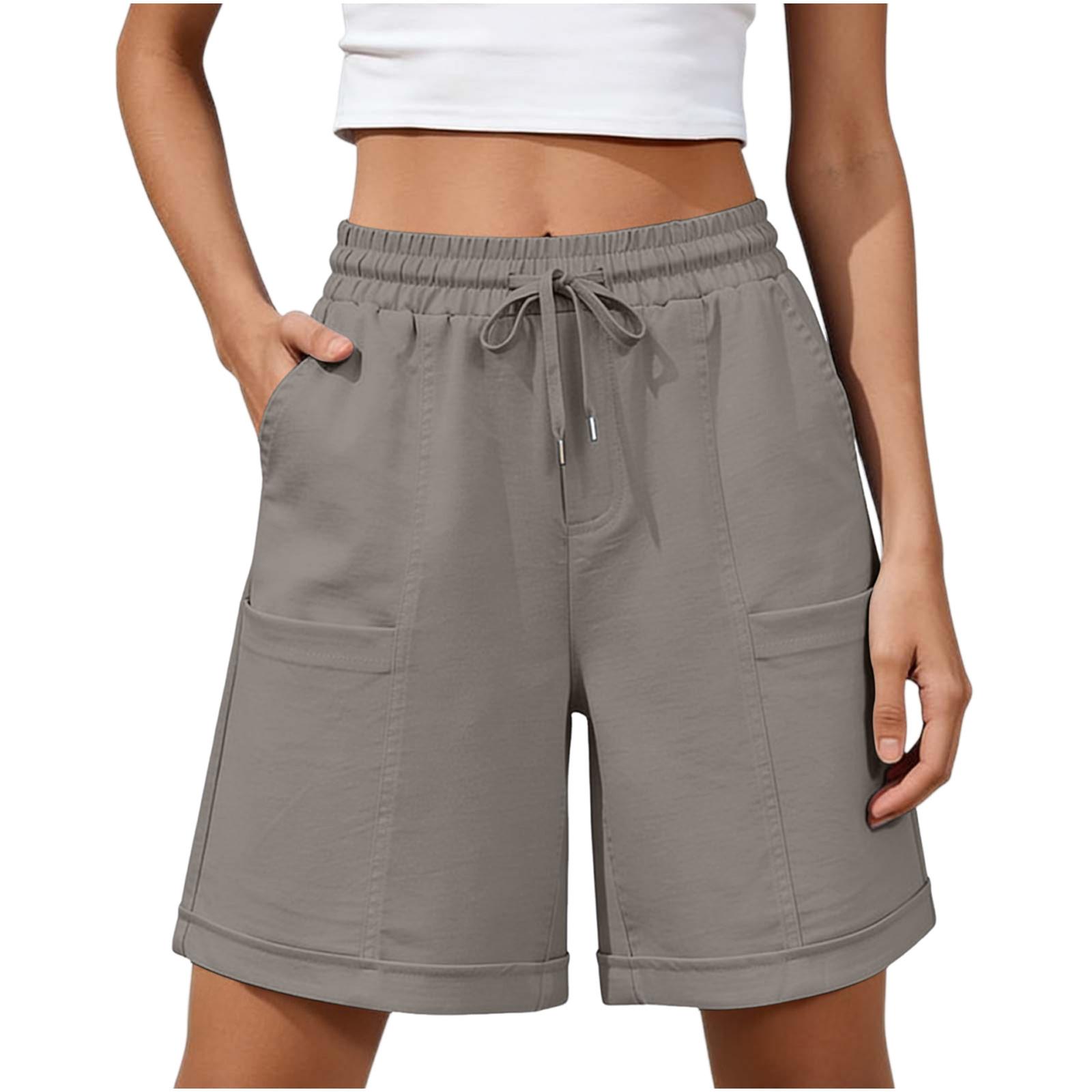 

Women’s Drawstring Waist Relaxed Fit Cotton Shorts with Large Front Pockets and Folded Hem for Casual Wear M