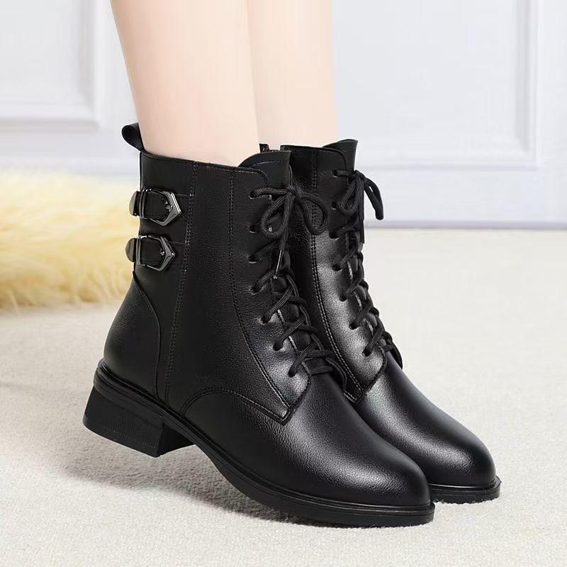 Women Winter Block Heel Real Leather Ankle Cotton Boots Thick Sole Non Slip Round Toe Waterproof Plush Warm Zippers Snow Boots