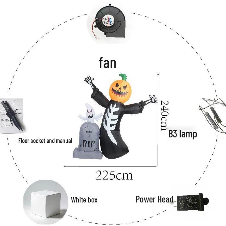 8FT Inflatable Halloween Pumpkin Skeleton & Ghost Tombstone