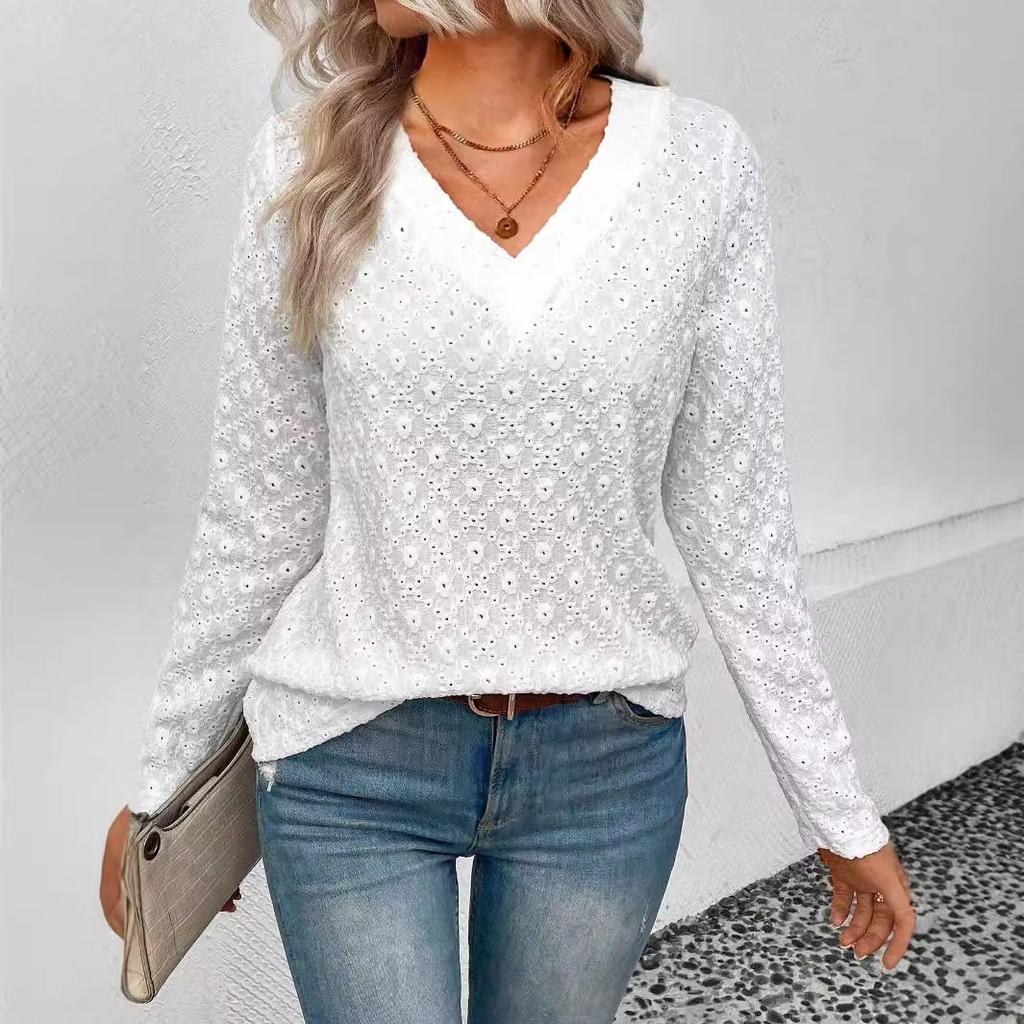 Fashion Ladies Long Sleeve Solid Color Jacquard  Breathable Pullover T Shirt Blouse Top