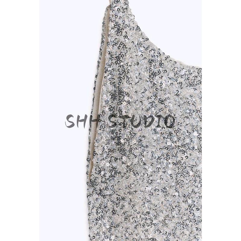 Summer New Product Women's Clothes round Neck Spaghetti Strap Long Sequin Stickers Floral Decorations Intimates Type Dress 1223454