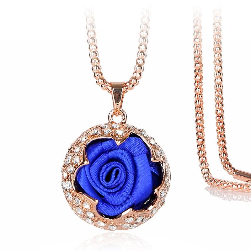 Elegant Color Rose Pendant Long Necklace For Women Shinning Crystal Flower Sweater Accessories