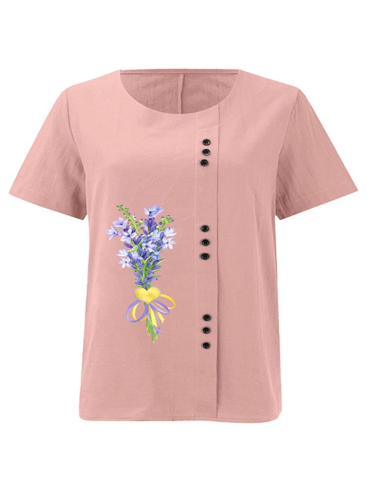 

Women s Fashion Purple Bouquet Print Shot Sleeve T-shirt Loose Cotton Shirt Casual Loose Summer Blouse Tops Plus Size S