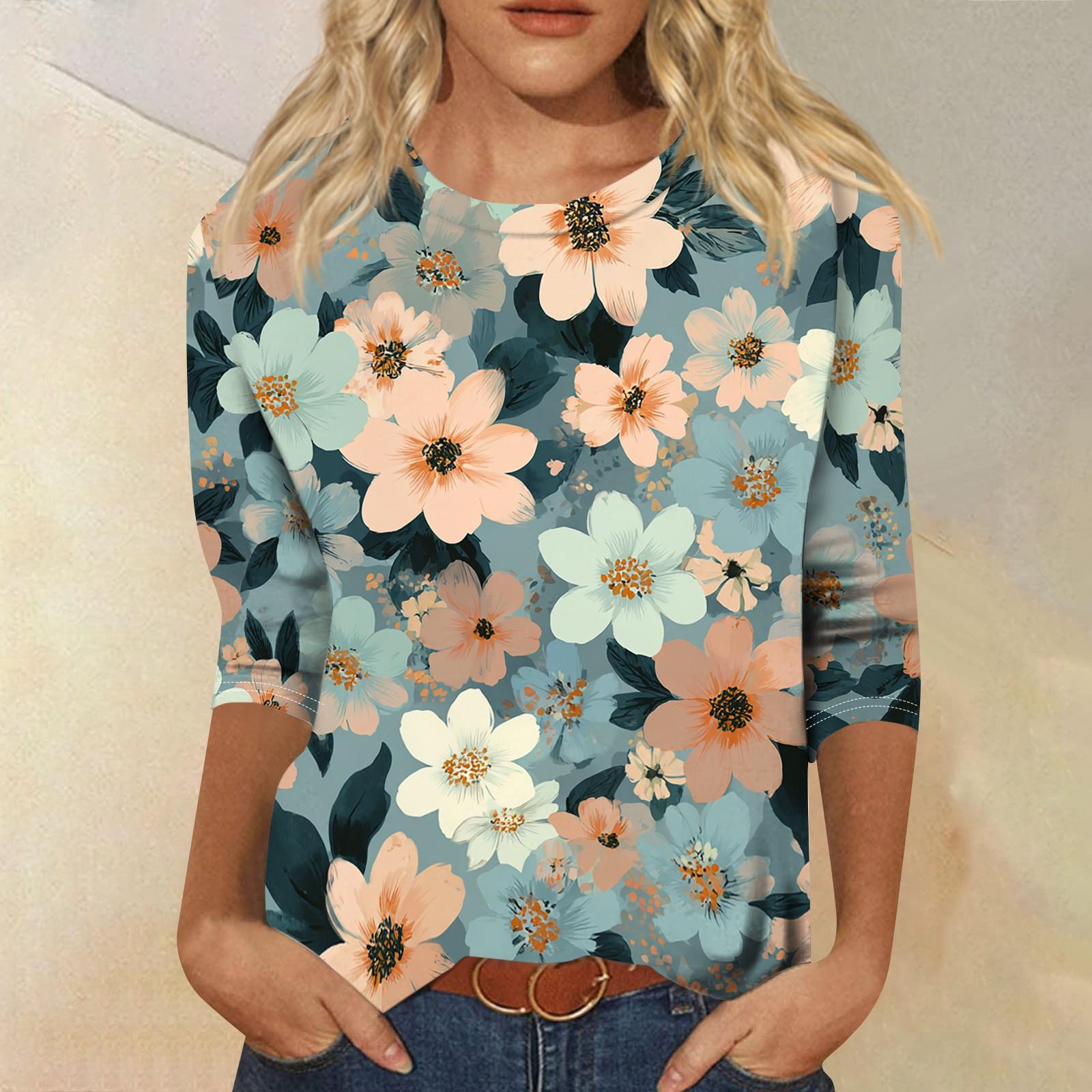 

Women’s Crew Neck Three Quarter Sleeve Floral Print Casual Top Loose Fit Lightweight Pullover Blouse for Daily Wear XXXXXL