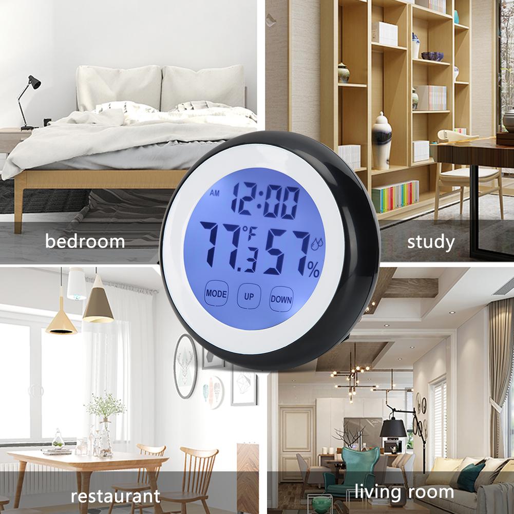 Round Shape Household Touching Digital Electronic Alarm Clock with Temperature Humidity Display