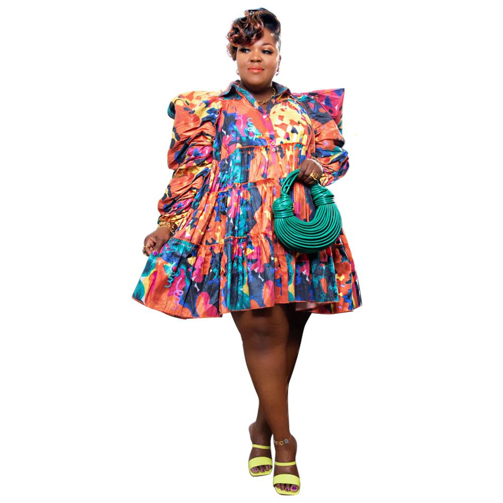 

Женская мода больших размеров с принтом и рюшами на пуговицах, платья-рубашки 4XL разноцветный