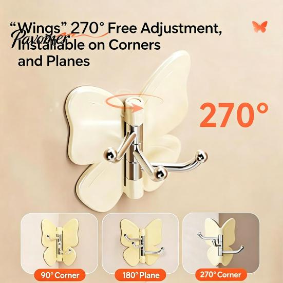 Peel And Stick Wall Hook 4PCS Butterfly Rotating Self Adhesive Hook, 3-Hook 270° Swivel Design, No Drill Mount Storage Hooks, for Hanging Towels Keys