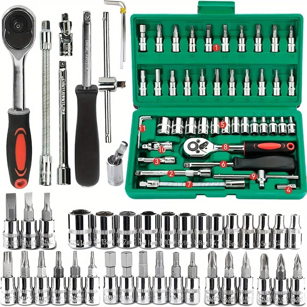 

46 sets of car repair tool boxes, car repair machine repair fast driving wrench and car repair tools, wrench sets and pliers 46Pcs зелёный