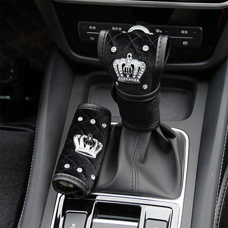 1pc Diamond Crown Car Gear Shift Cover Soft Plush Auto Shifter Hand Brake Case For Universal Car Accessories Interior Decoration