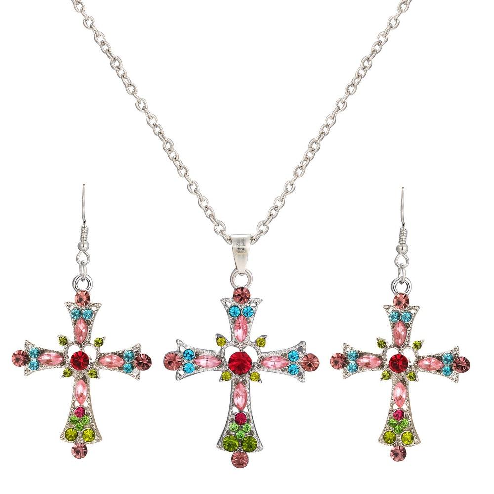 Trendy Personality Colorful Rhinestone Cross Hollowed-out Heart Pendant Necklace Earrings for Women Men Y2k Jewelry Accessories