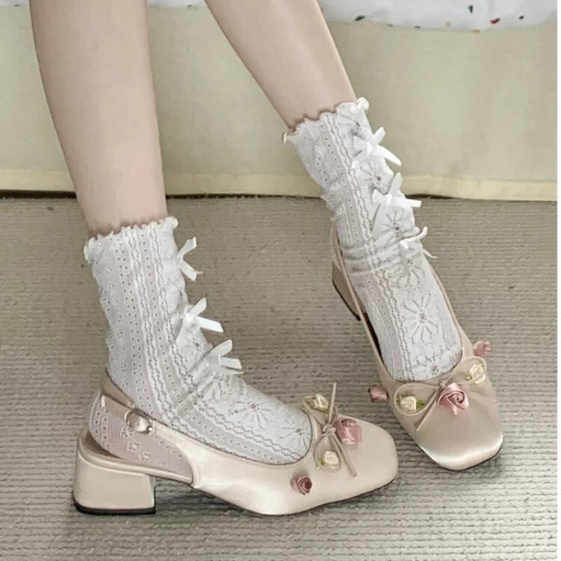 Fashion Medium Heeled Mary Jane Single Shoes 2024 New Women Shoes Fashion Elegant Flower Bow Pumps Square Toe Thick Heeled Ballet Shoes
