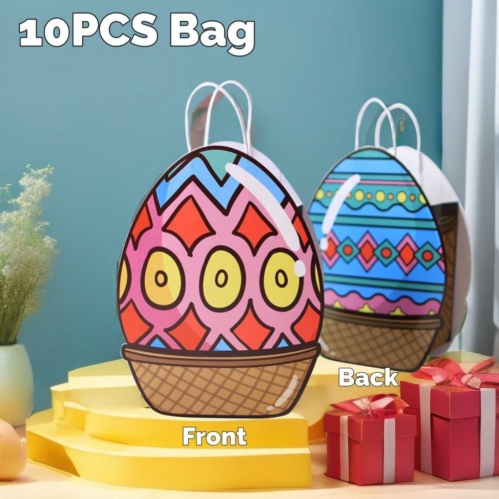 10pcs Colorful Easter Egg Bags Flower Heart Easter Paper Gift Bags Cute with Handles Candy Snacks Present Bags Party Favors