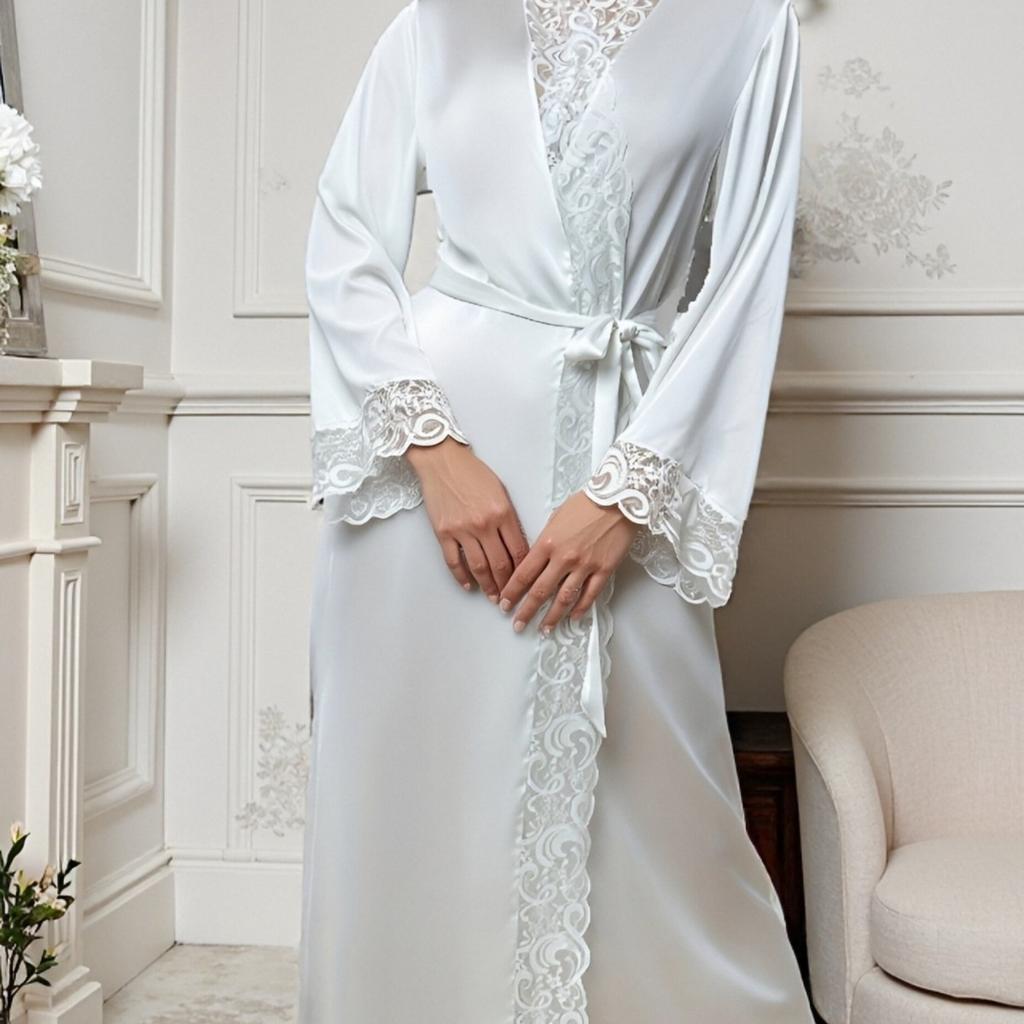 Neuer einfarbiger Spitzen-Nachthemd-Bademantel-Pyjama für Damen