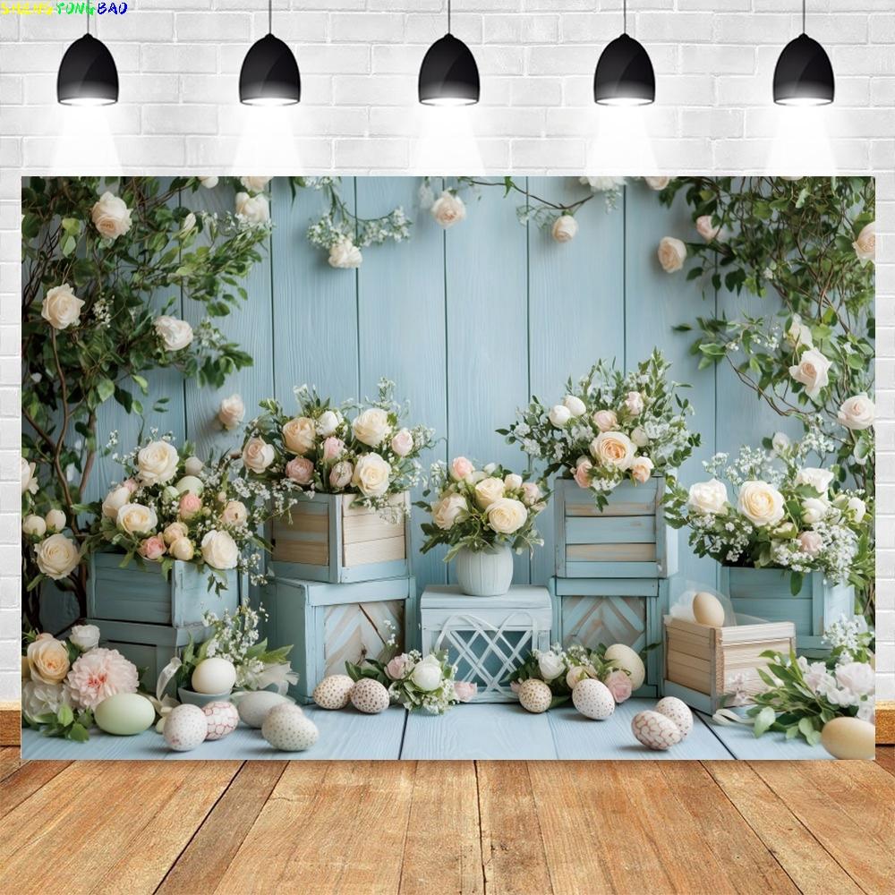 Happy Easter Photography Background Spring Easter Cabin Bunny Floral Eggs Kids Birthday Party Portrait Photo Backdrop Decor