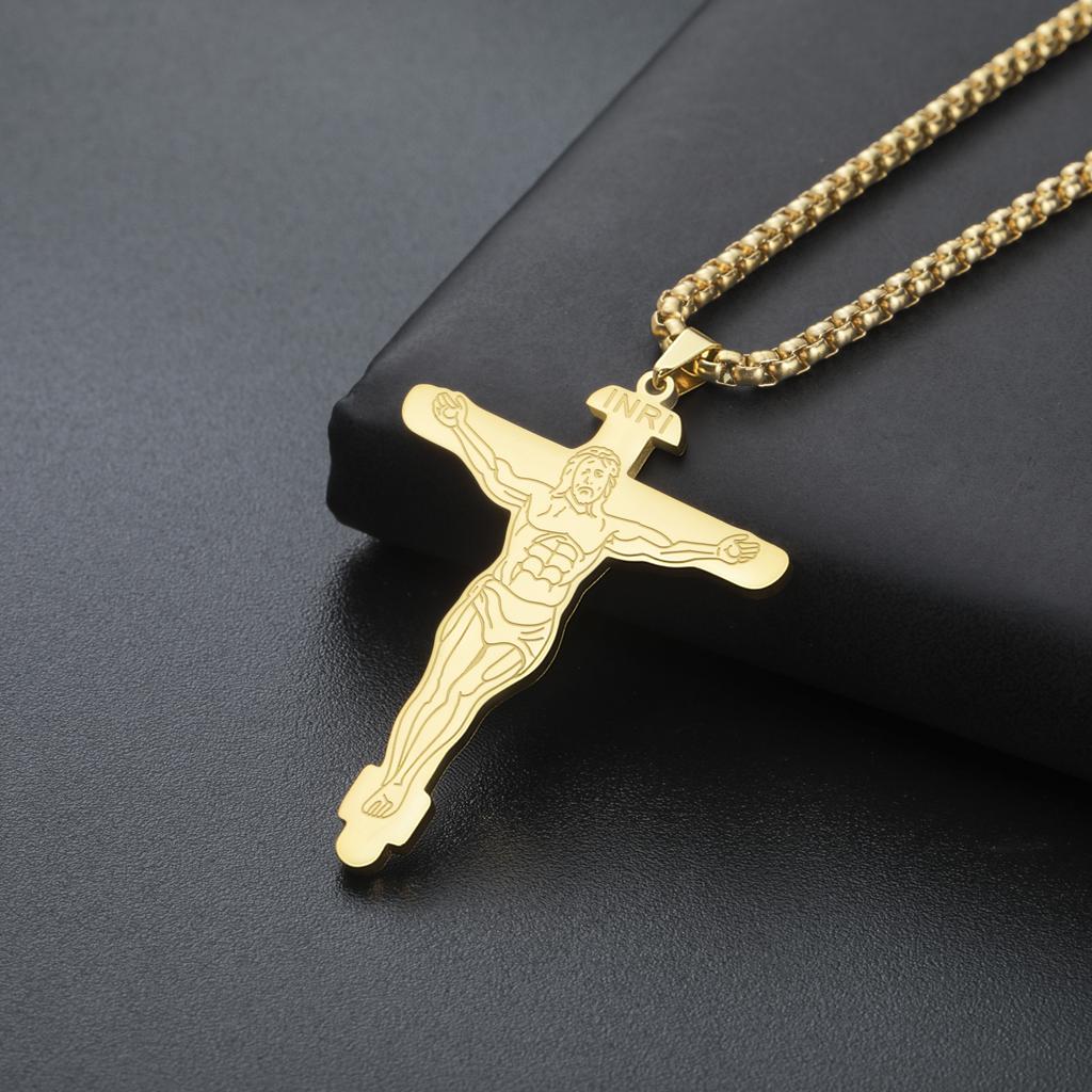 INRI Jesus Crucifix Cross Pendant Necklace Stainless Steel Christian Religious Faith Engraved Jesus Christ Amulet Jewelry Gifts