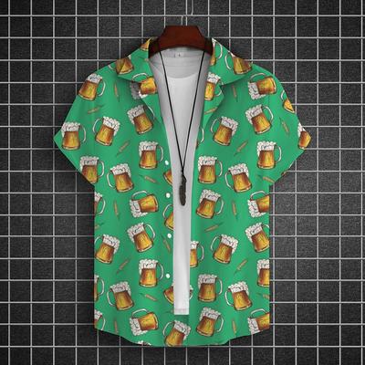 Herren Sommer Kurzarm Hawaiihemd Strandurlaub Print Hemd Top 100% Polyester Herren Bierdruck Kurzarmhemd