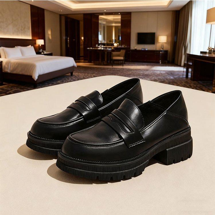 

Новые туфли из мягкой кожи на платформе с толстым каблуком, увеличивающие рост, в британском ретро-стиле, осенние 35 чёрный