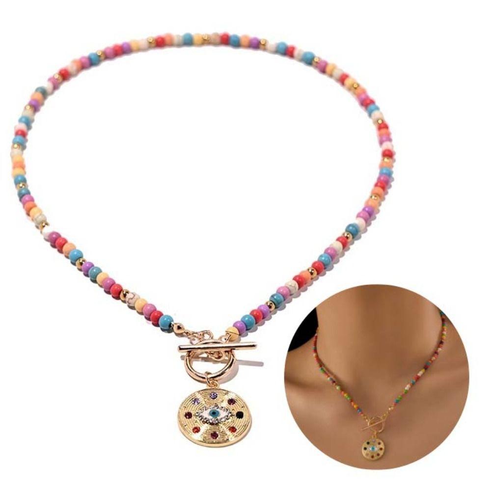 4mm Beads Evil Eye Charm Pendant Boho Style Beads Chain Necklace Colorful Stone Choker  Daily Wear