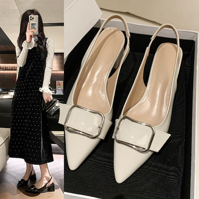 ZA New High-quality Fashion Low-heeled Pointed One-word Buckle Square Buckle Silver Metal Back Strap Sandals Women