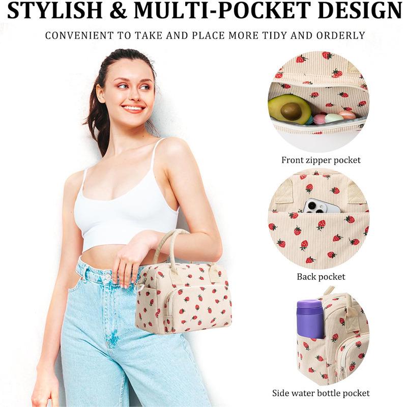 Corduroy Strawberry Print Insulated Lunch Bag for Office and Picnic
