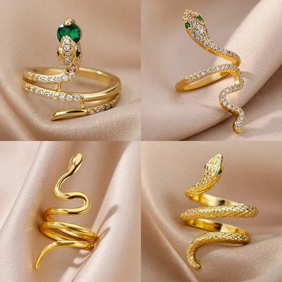 Stainless Steel Snake Rings For Women Men Gold Plated Open Adjustable Zircon Ring Vintage Gothic Aesthetic Jewelry Anillos Mujer