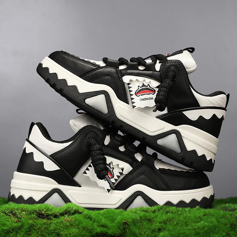 Autumn Sports Board Shoes Fashion Color Matching Leather Surface Thick Sole Height Increase Low Top Tide Casual Shoes Men'S Shoes