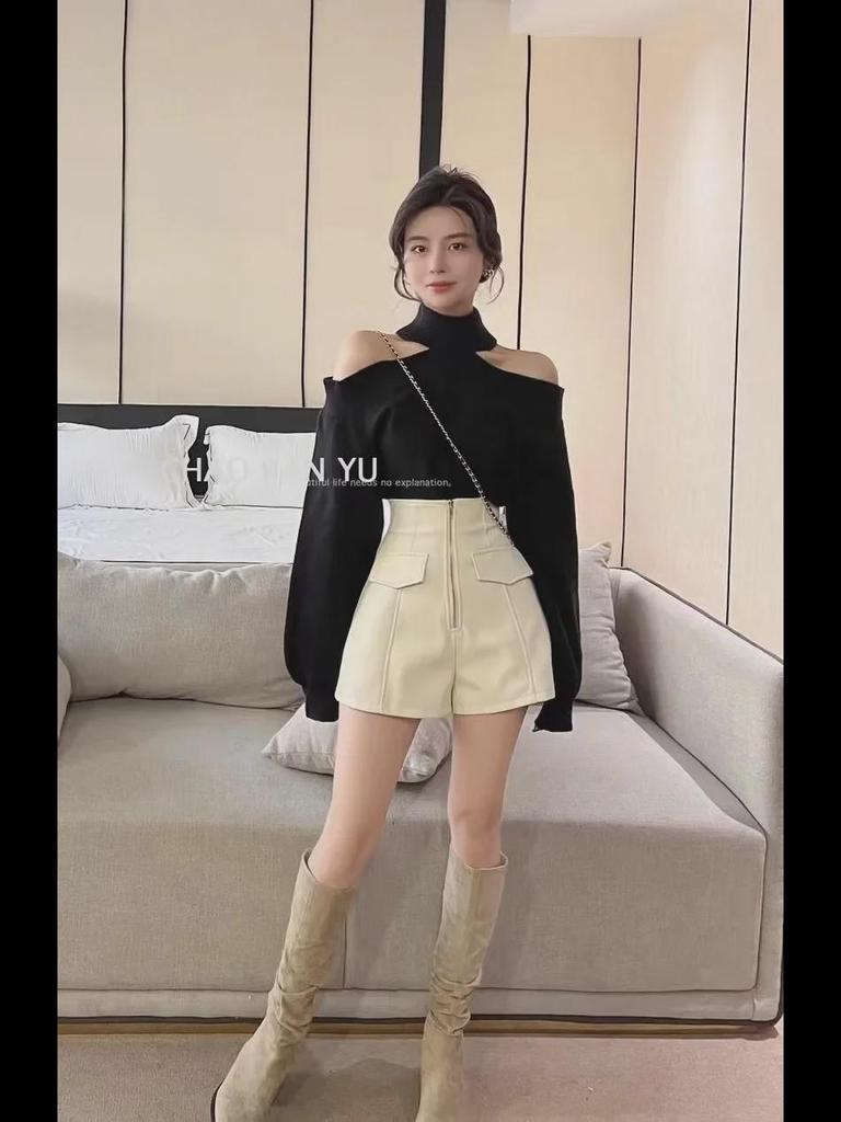 Women's High-Waist PU Leather Shorts, Autumn/Winter, Slim A-Line Wide-Leg Pants, Korean Style with Zipper.