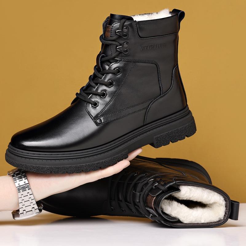 First Layer Cowhide Winter Men's Cotton Shoes Genuine Leather Wool Outdoor Warm Military Boots Men's Velvet Leather Boots Martin Boots Men's